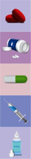 pill bottle,syringe,pills and eye dorps