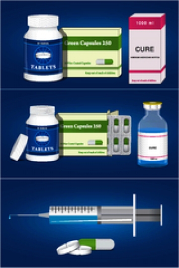 pill bottle with tablet,ampoules and syringe
