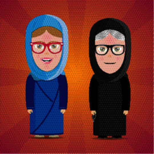 two ladies wears long dress and veil