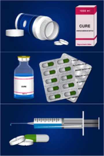 pill bottle with tablet,ampoules and syringe