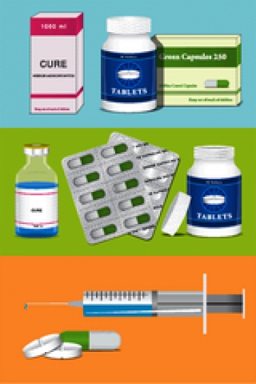 pill bottle with tablet,ampoules and syringe