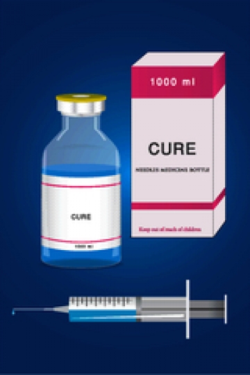 medical ampoule and syringe isolated on blue background
