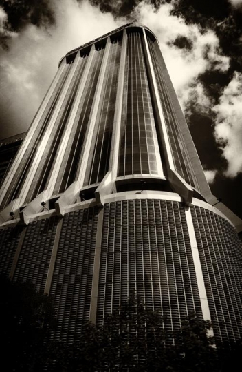 closeup of skyscraper in black and white