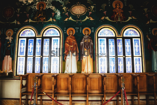 Beautiful Byzantine Stained Glass and Icons in Madaba Church, Jordan