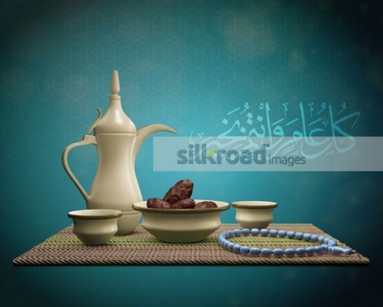 Dates and coffee placed on a blue background