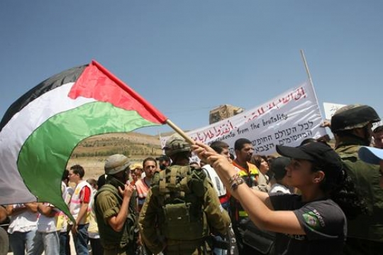 palestinian woman carry palestinian flag during protest