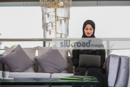 Business woman sitting on the couch working from the laptop|
